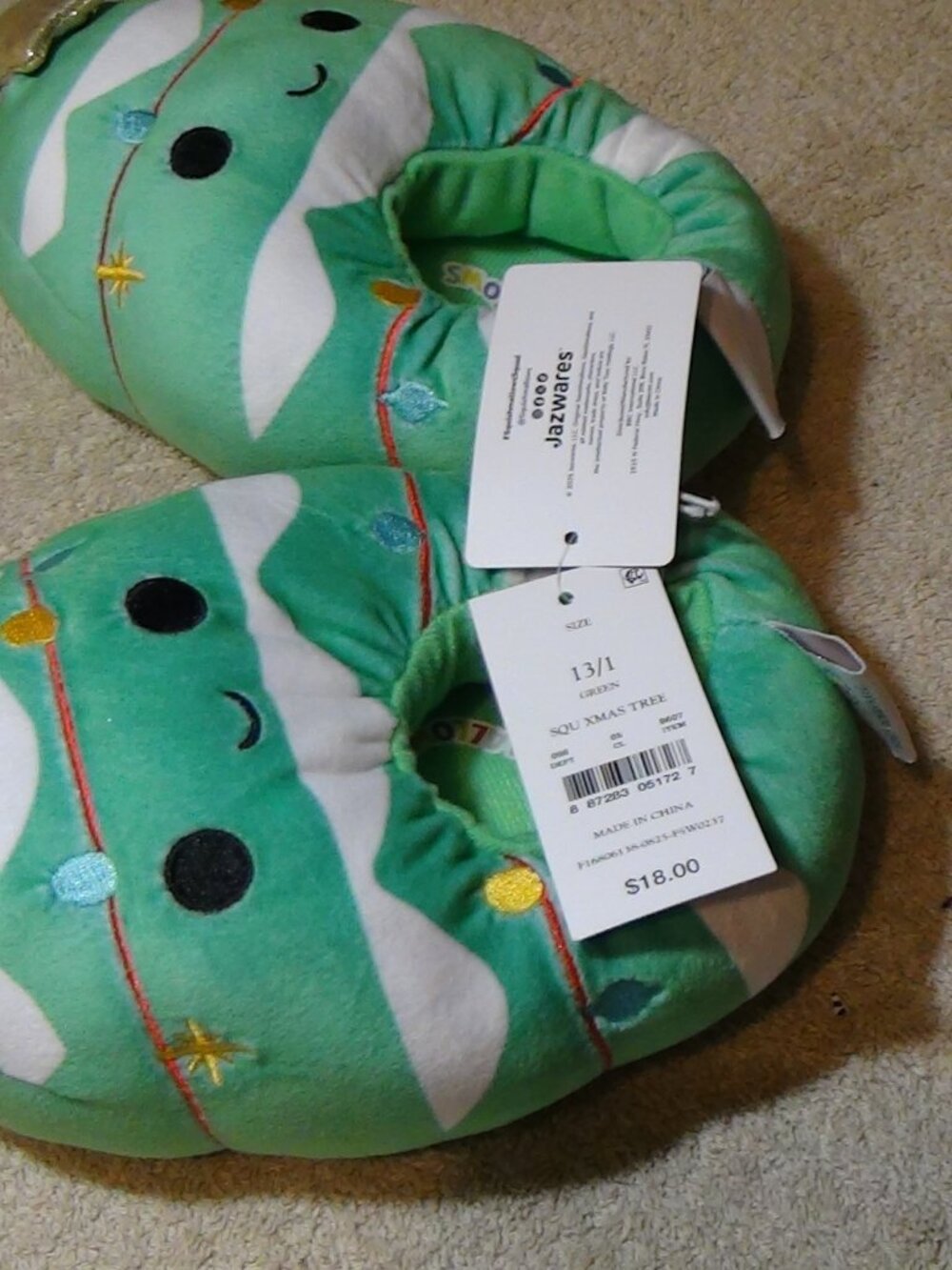 Squishmallows Kids Green Christmas Tree Plush Cozy House Slippers 13/1